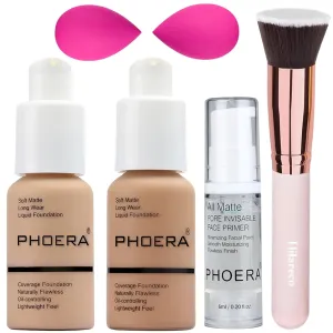 PHOERA Foundation & Primer Set, Full Coverage, Flat Top Kabuki Brushes & 2 Pcs Makeup Sponge (Buff Beige   Sand)