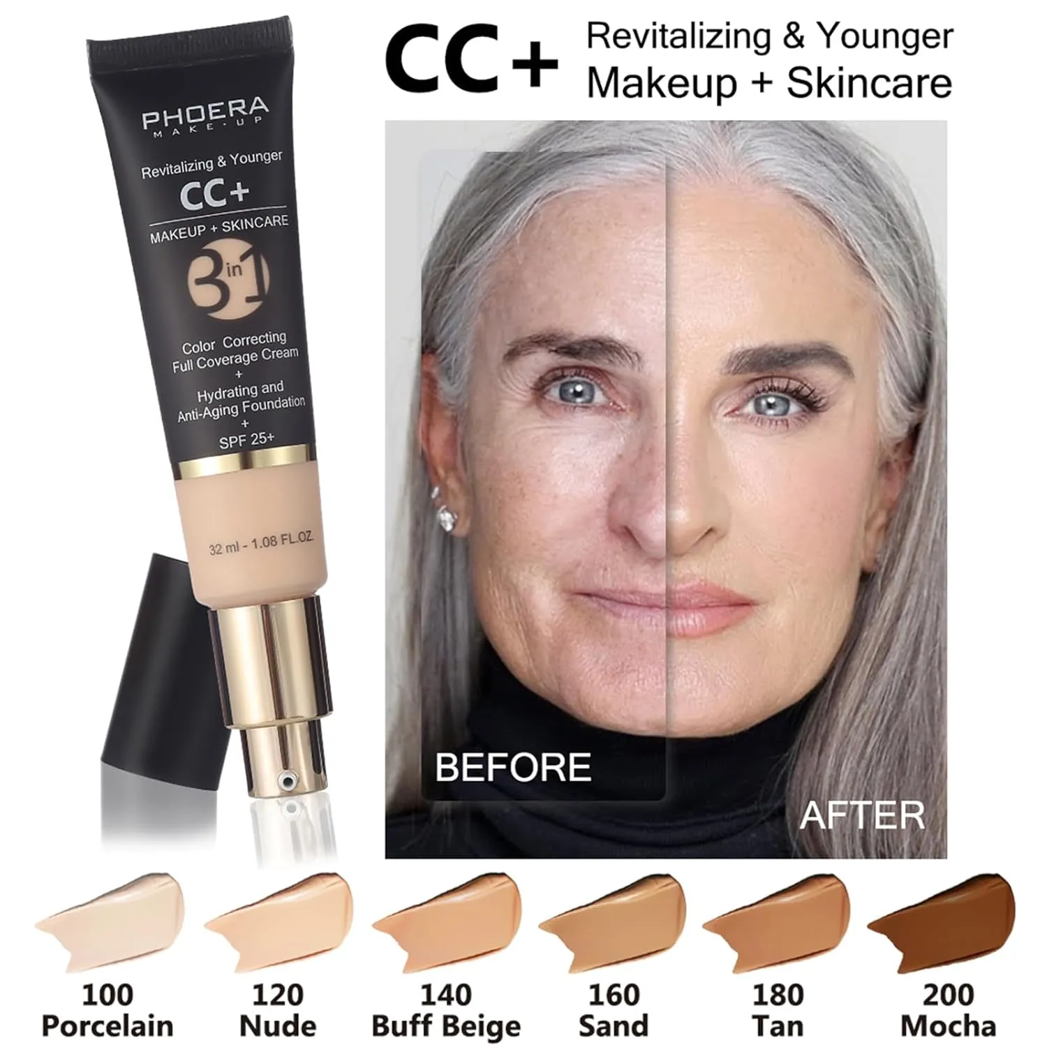 PHOERA Foundation Full Coverage,PHOERA CC  Cream,2024 New PHOERA Foundation Makeup for Mature Skin, Wrinkles Matte Natural Finish,Primer (102 120CC N02/ Nude Nude  Nude)