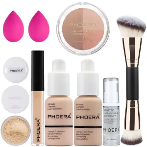 PHOERA Foundation, PHOERA Contour Palette,Shades with Highlighter & Bronzer & Blush,Up to 24 Hour Fresh Wear,PHOERA Concealer Primer Powder (101 102  #001 Contour/Porcelain  Nude #001)