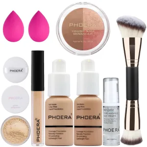 PHOERA Foundation, PHOERA Contour Palette,Shades with Highlighter & Bronzer & Blush,Up to 24 Hour Fresh Wear,PHOERA Concealer Primer Powder (104 105  #002 Contour/Buff Beige Sand #002)