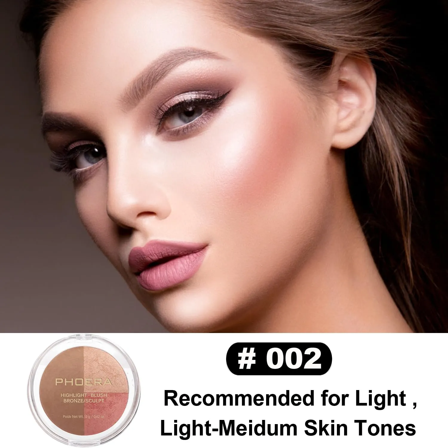 PHOERA Foundation, PHOERA Contour Palette,Shades with Highlighter & Bronzer & Blush,Up to 24 Hour Fresh Wear,PHOERA Concealer Primer Powder (104 105  #002 Contour/Buff Beige Sand #002)