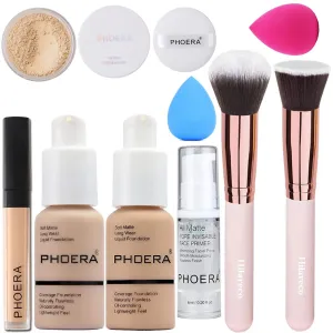 PHOERA Foundation,Full Coverage Foundation,PHOERA Primer,PHOERA Powder,PHOERA Concealer PHOERA Makeup Set, Kabuki Makeup Brushes Foundation Brush Powder,2 Makeup Sponge (102 Nude   104 Buff Beige)