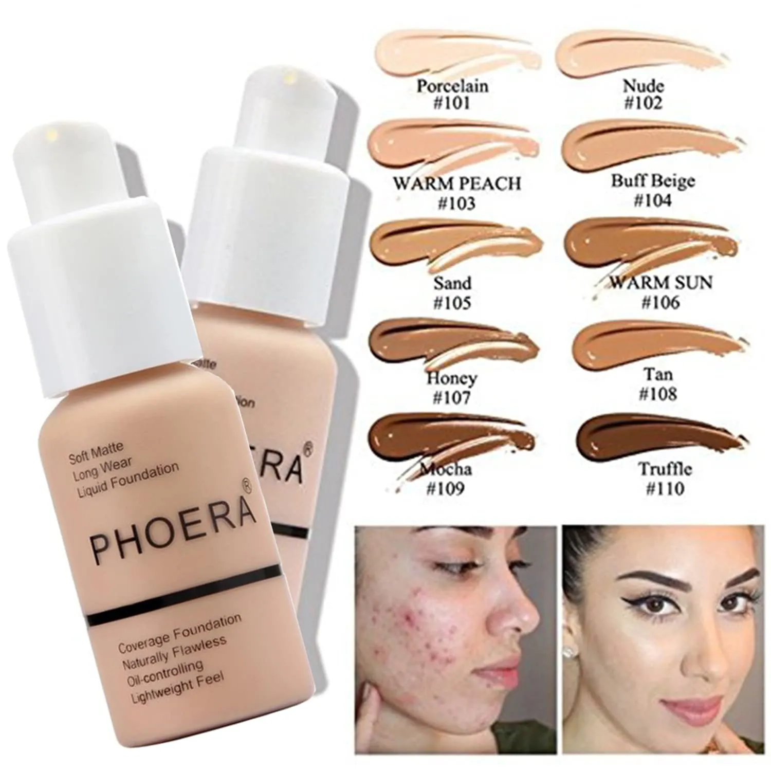 PHOERA Foundation,PHOERA Concealer,PHOERA Makeup Foundation Full Coverage Up to 24 Hour Fresh Wear with Matte Finish,PHOERA Primer,PHOERA Powder (105 Sand 111 Chestnut)