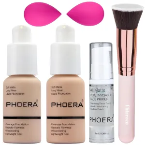 PHOERA Foundation,PHOERA Makeup for Women,PHOERA Matte Liquide Foundation Full Coverage,PHOERA Primer,PHOERA Concealer,Kabuki Makeup Brushes Foundation,2 Makeup Sponge(102 Nude   103 Warm peach)