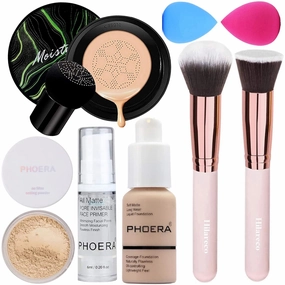 PHOERA Foundation Full Coverage Makeup, Mushroom Head Air Cushion CC Cream Natural Foundation, PHOERA Primer, PHOERA Powder, Brushes Foundation Brush,2 Makeup Spong (104 Buff Beige   04Buff Beige CC)