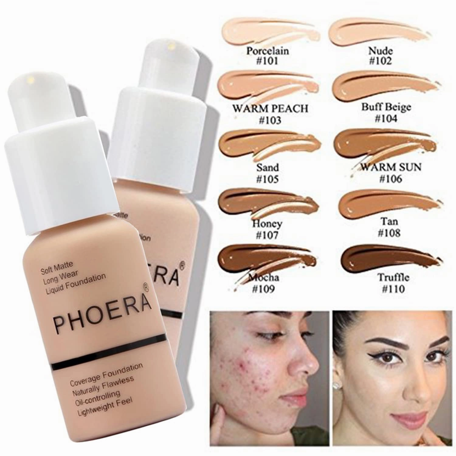 PHOERA Foundation Makeup for Wome Full Coverage Foundation Set,Face Primer Foundation Brush Powder Brush,5 Makeup Sponge,30ml PHOERA 24HR Matte Oil Control Concealer (105 Sand 111 Chestnut)