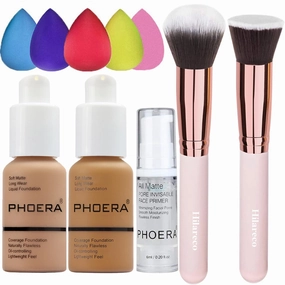 PHOERA Foundation Makeup for Wome Full Coverage Foundation Set,Face Primer Foundation Brush Powder Brush,5 Makeup Sponge,30ml PHOERA 24HR Matte Oil Control Concealer (105 Sand 111 Chestnut)