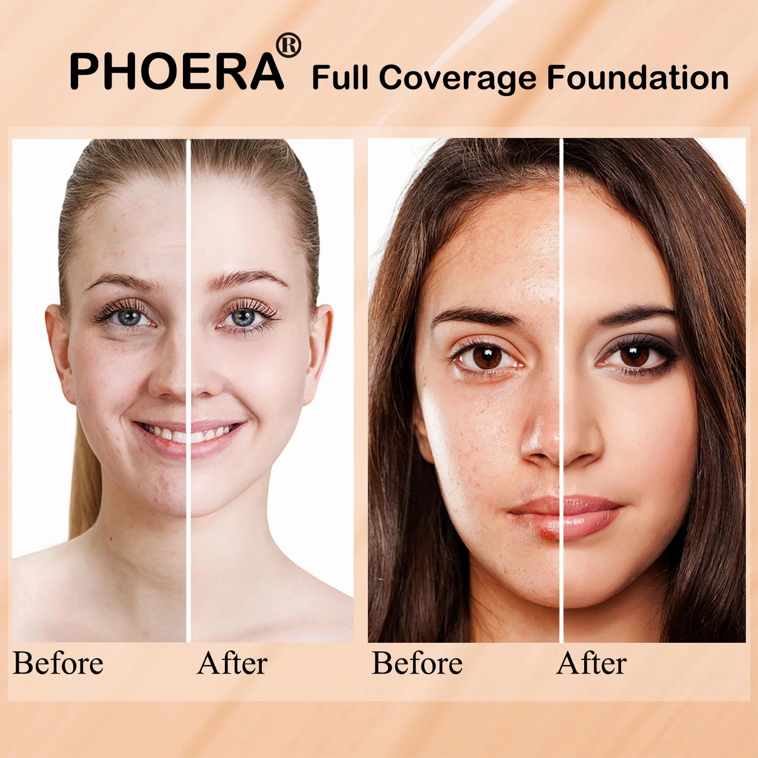 PHOERA Foundation Makeup for Wome Full Coverage Foundation Set,Face Primer Foundation Brush Powder Brush,5 Makeup Sponge,30ml PHOERA 24HR Matte Oil Control Concealer (105 Sand 111 Chestnut)
