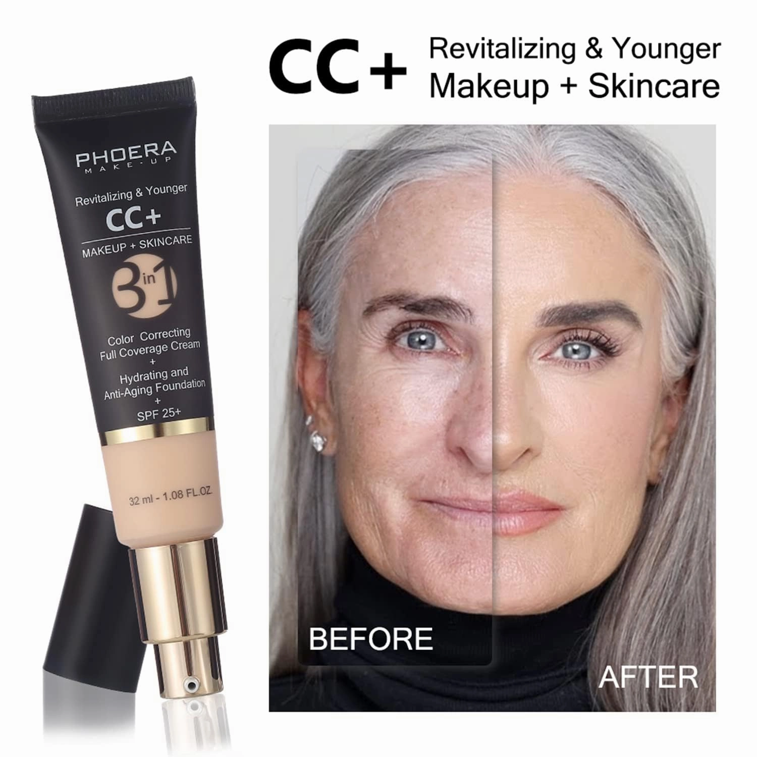 PHOERA Foundation,PHOERA CC  Cream Color Correcting Anti Aging Hydrating Serum &SPF 25 ,PHOERA Primer, PHOERA Makeup, Kabuki Makeup Brushes Foundation Brush (106 Warm Sun 180 Tan CC Cream)