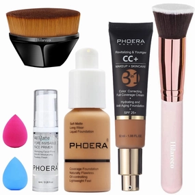 PHOERA Foundation,PHOERA CC  Cream Color Correcting Anti Aging Hydrating Serum &SPF 25 ,PHOERA Primer, PHOERA Makeup, Kabuki Makeup Brushes Foundation Brush (106 Warm Sun 180 Tan CC Cream)