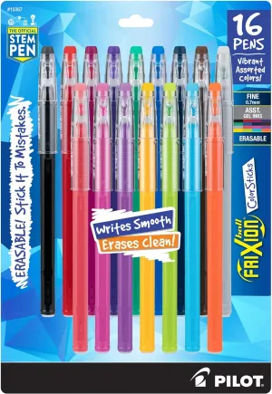 Pilot, FriXion ColorSticks Erasable Gel Ink Pens, Fine Point 0.7 mm, Pack of 16, Assorted Colors