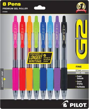 Pilot, G2 Premium Gel Roller Pens, Fine Point 0.7 mm, Assorted Colors, Pack of 8