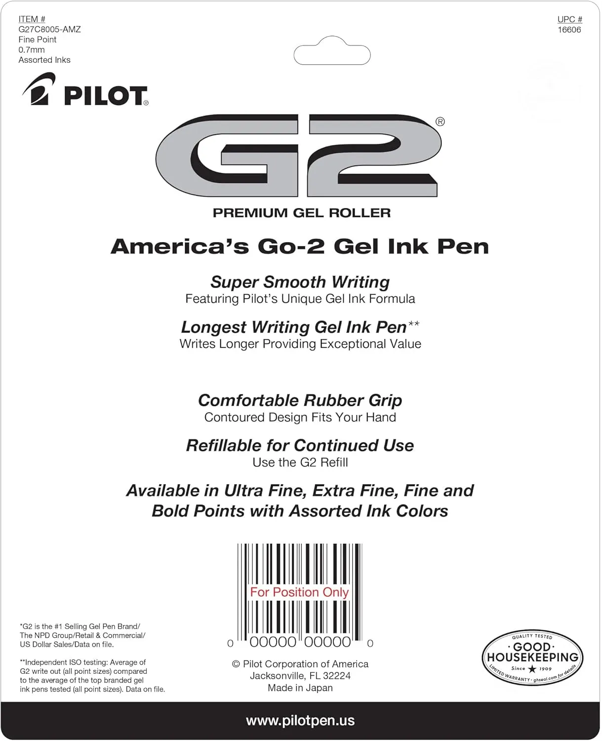 Pilot, G2 Premium Gel Roller Pens, Fine Point 0.7 mm, Assorted Colors, Pack of 8