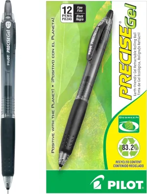 Pilot, Precise BeGreen, Refillable & Retractable Gel Roller Pens, Fine Point 0.7 mm, Black, Pack of 12