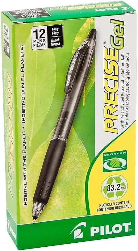 Pilot, Precise BeGreen, Refillable & Retractable Gel Roller Pens, Fine Point 0.7 mm, Black, Pack of 12
