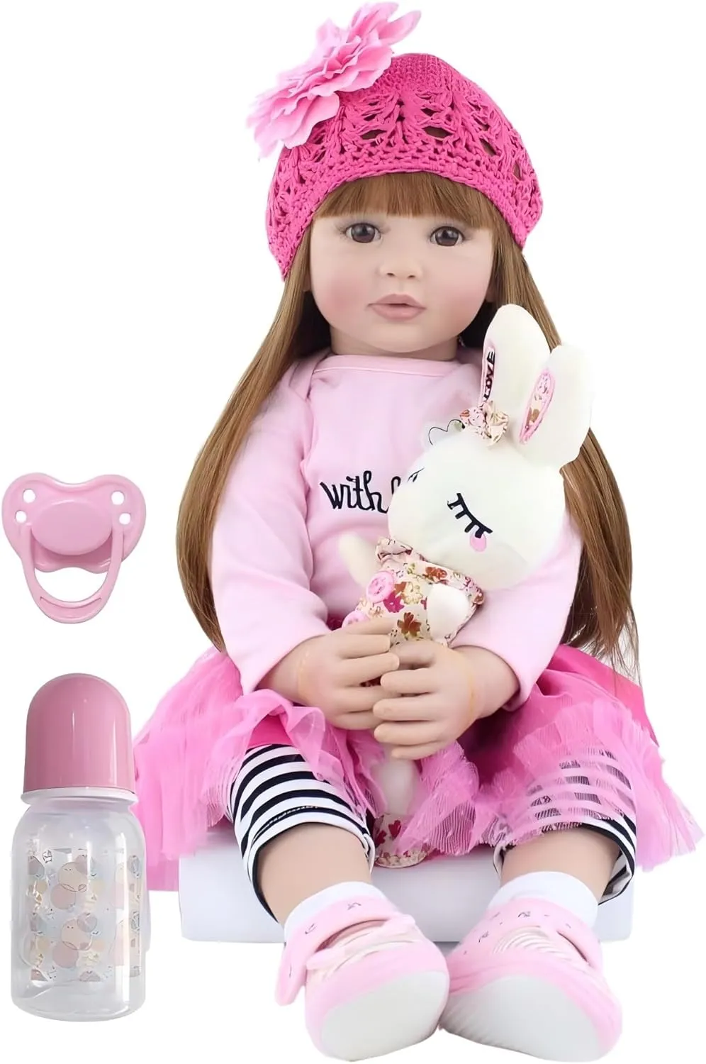 Pinky 24 inch 61cm Lovely Reborn Baby Girl Dolls Toddler Realistic Looking Life Like Baby Doll Vinyl Silicone Long Hair Babies Toy Gift (1811-2006)