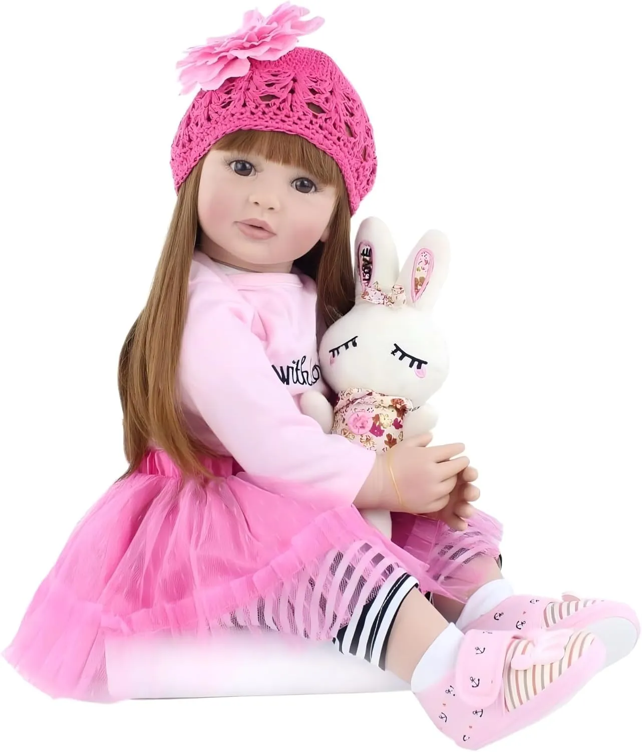 Pinky 24 inch 61cm Lovely Reborn Baby Girl Dolls Toddler Realistic Looking Life Like Baby Doll Vinyl Silicone Long Hair Babies Toy Gift (1811-2006)