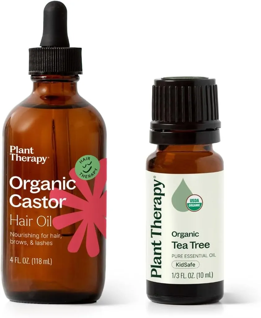 Plant Therapy Castor Oil USDA Organic Cold Pressed 100% Pure Hexane Free 4 oz & Organic Tea Tree Oil (Melaleuca) Essential Oil 10 mL (1/3 oz)