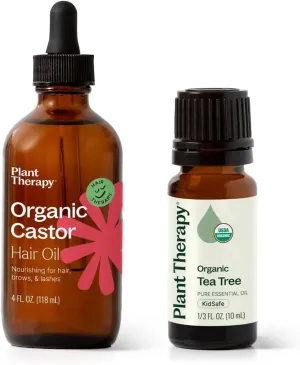 Plant Therapy Castor Oil USDA Organic Cold Pressed 100% Pure Hexane Free 4 oz & Organic Tea Tree Oil (Melaleuca) Essential Oil 10 mL (1/3 oz)