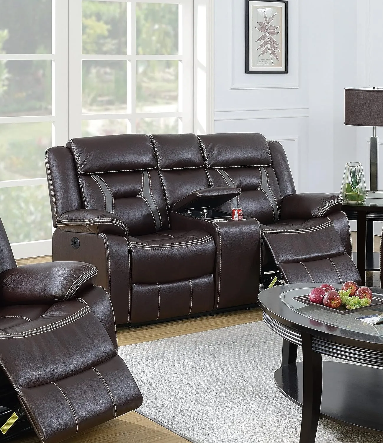Poundex Dark Brown Gel Leatherette Power Loveseat with Console