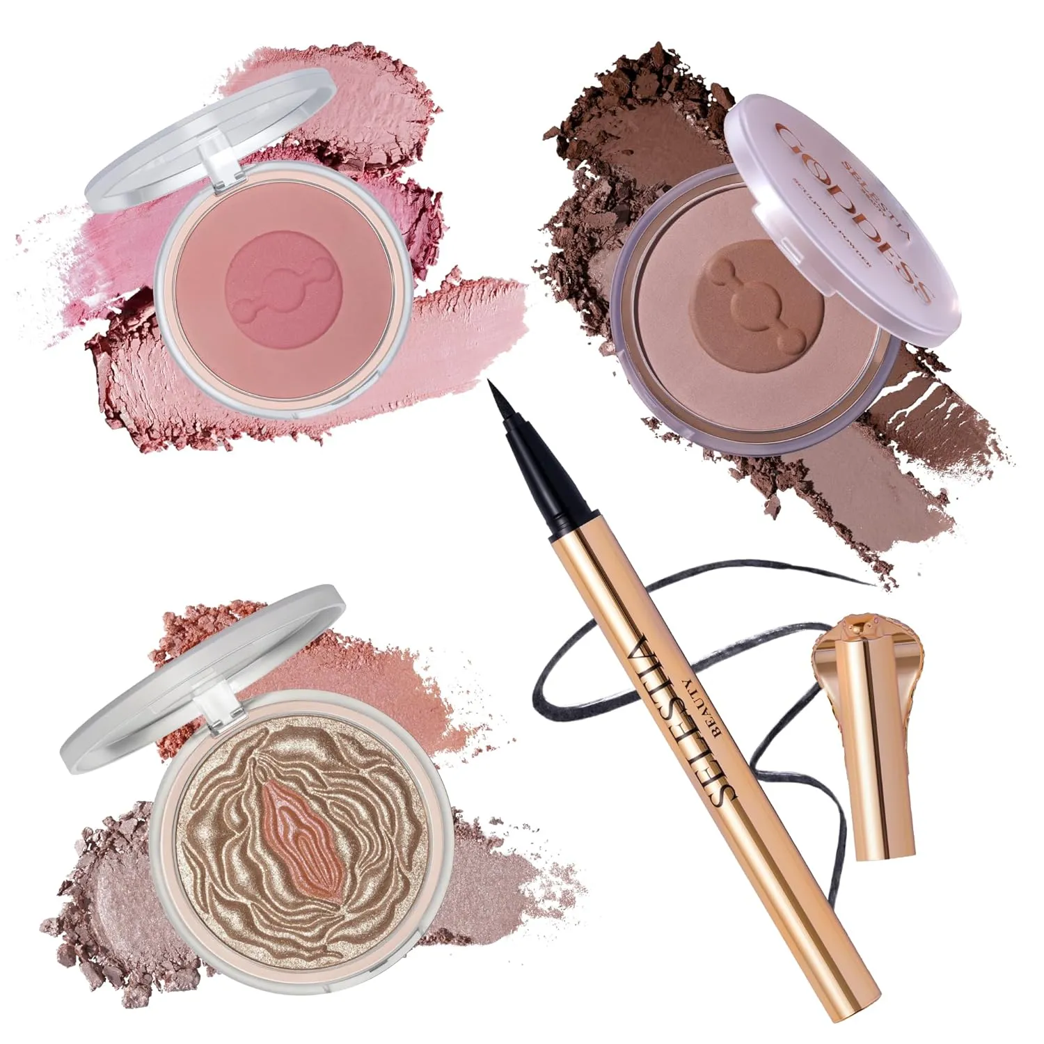 Powder Highlighter, Matte Blush, Contour Palette and Liquid Eyeliner Set for Full Face Makeup - Four Piece Makeup Gift Set for Women