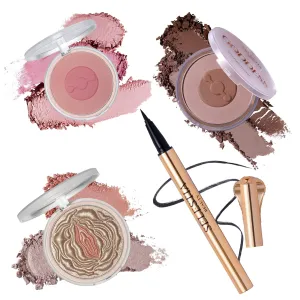Powder Highlighter, Matte Blush, Contour Palette and Liquid Eyeliner Set for Full Face Makeup - Four Piece Makeup Gift Set for Women