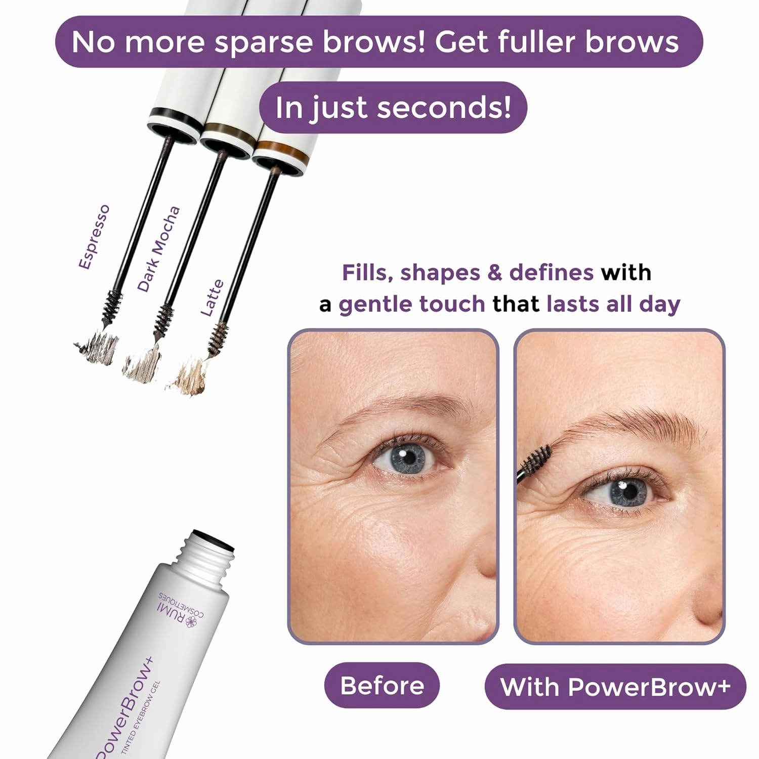 PowerBrow  Tinted Eyebrow Gel For Older Women - Defines, Fills, Thickens Brows - 2-in-1 Formula - Natural Color, Quick Fixing, Long-Lasting - Hypoallergenic Light Brown (Latte)