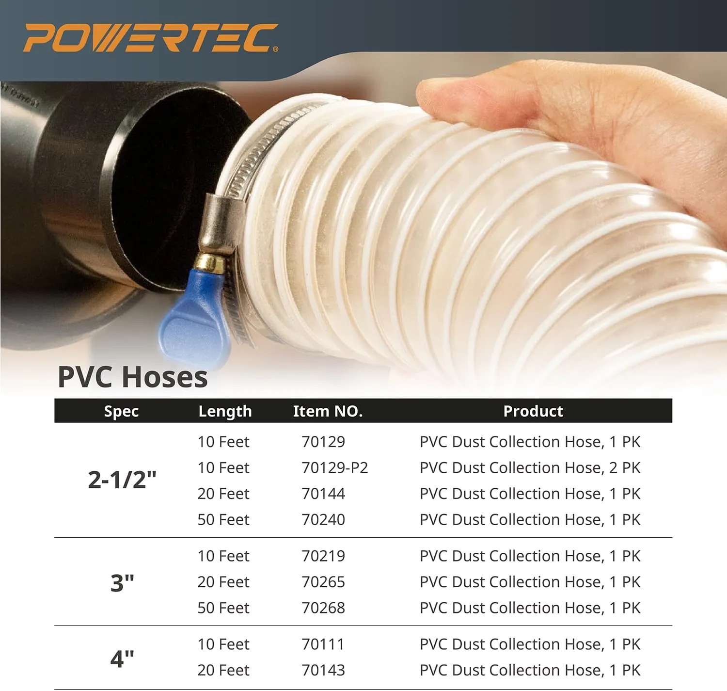 POWERTEC 4" x 10' Dust Collection Hose, 4 Inch Flexible PVC Dust Collector Hose for Table Saw, Band Saw, Planer, Jointer, Woodworking and Garage, WoodShop Dust Collection System (70111)