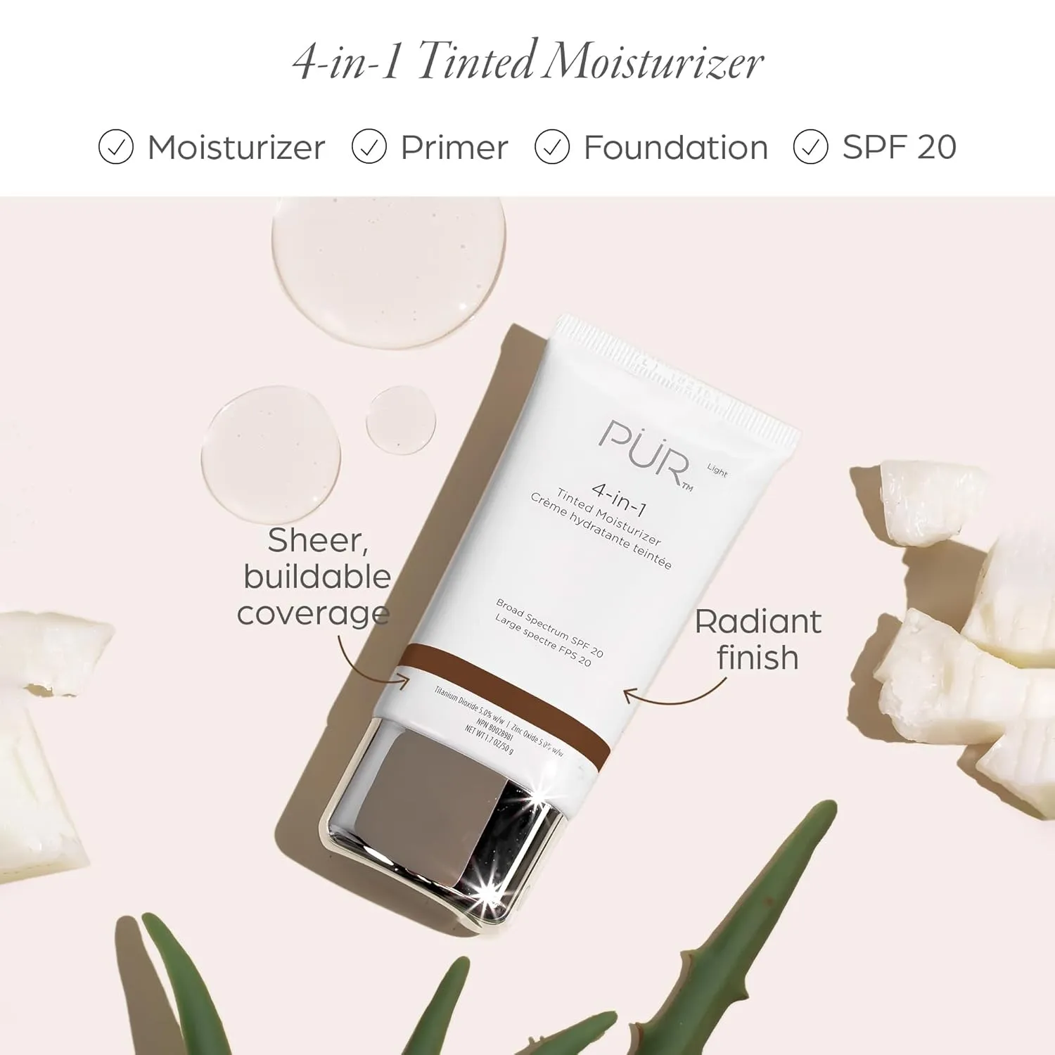 PÜR Beauty 4-in-1 Tinted Moisturizer With SPF 20 - Hydrating Face Moisturizer, Primer, & Foundation With Shea Butter, Aloe Vera & Vitamin B3 - Vegan Friendly - Free of Paraben, Gluten & BPA