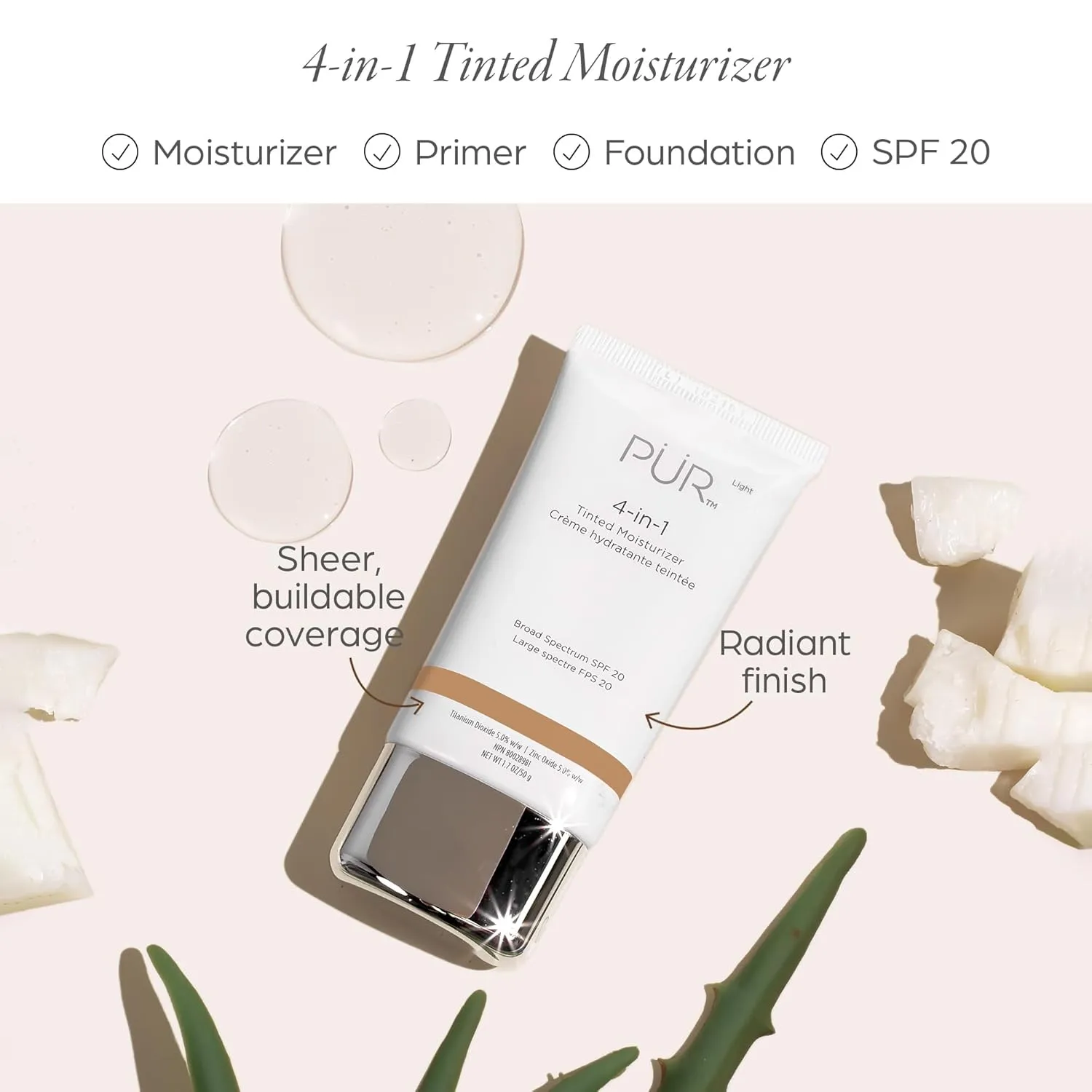 PÜR Beauty 4-in-1 Tinted Moisturizer With SPF 20 - Hydrating Face Moisturizer, Primer, & Foundation With Shea Butter, Aloe Vera & Vitamin B3 - Vegan Friendly - Free of Paraben, Gluten & BPA