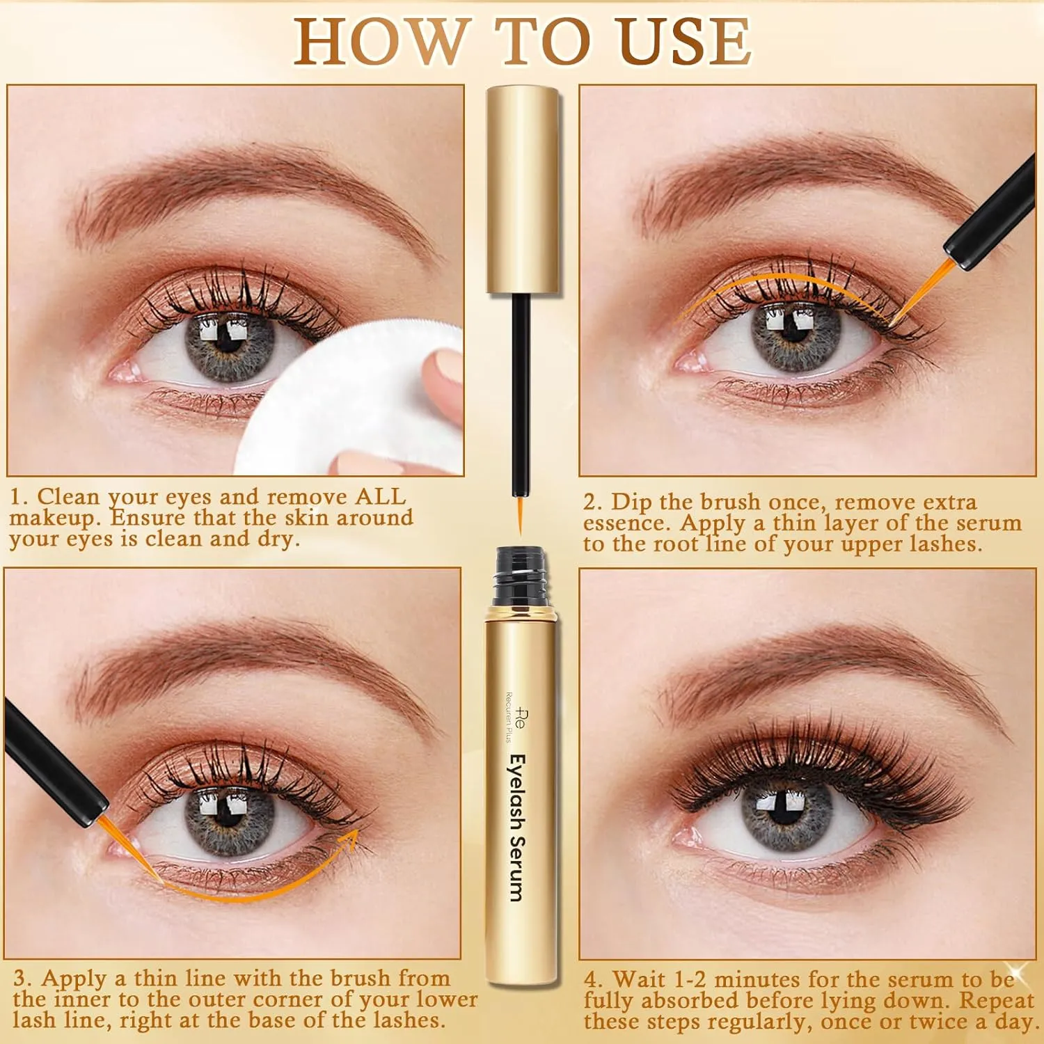 Premium Eyelash Growth Serum: Advanced Vegan Formula for Longer Thicker Lashes (Champagne Gold)