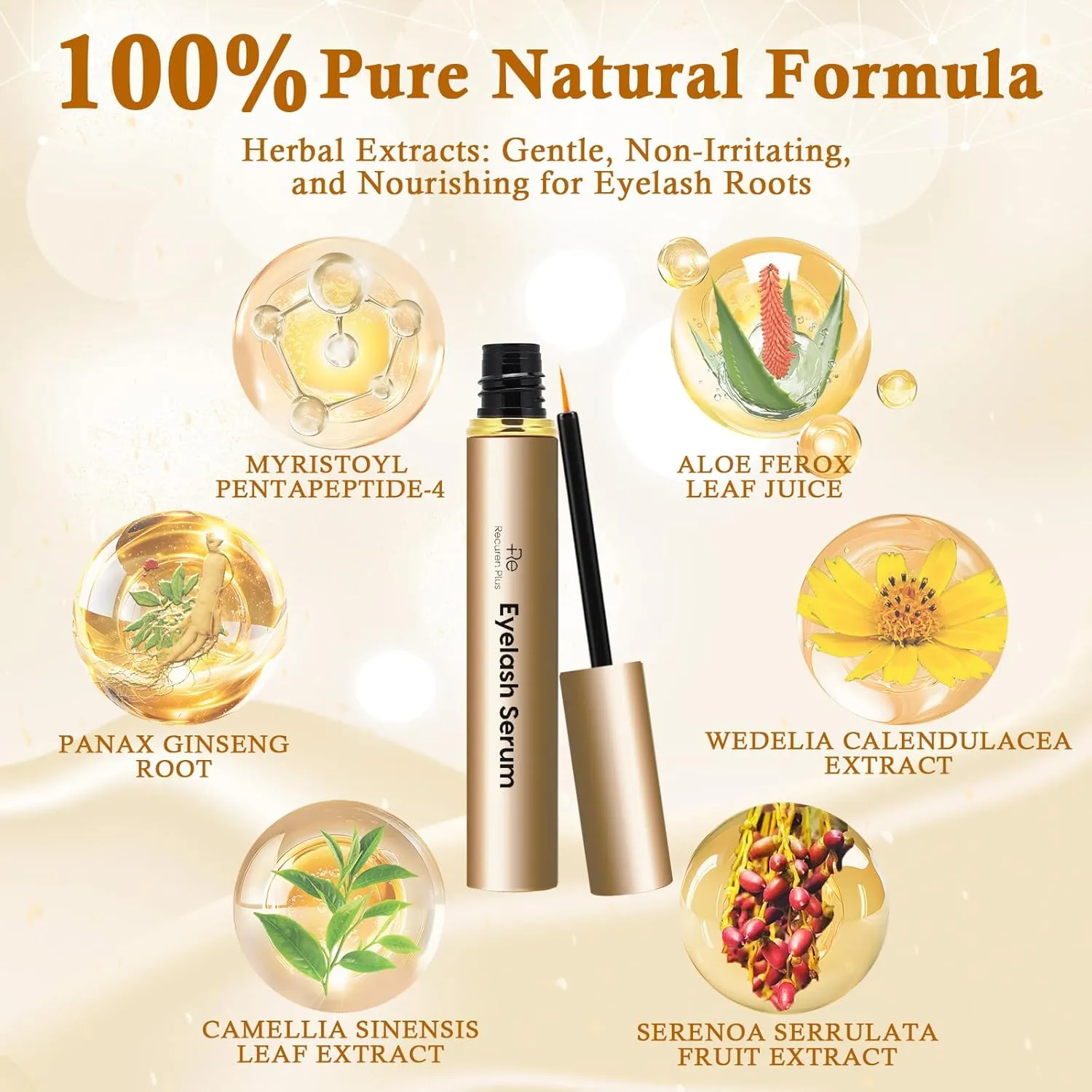 Premium Eyelash Growth Serum: Advanced Vegan Formula for Longer Thicker Lashes (Champagne Gold)
