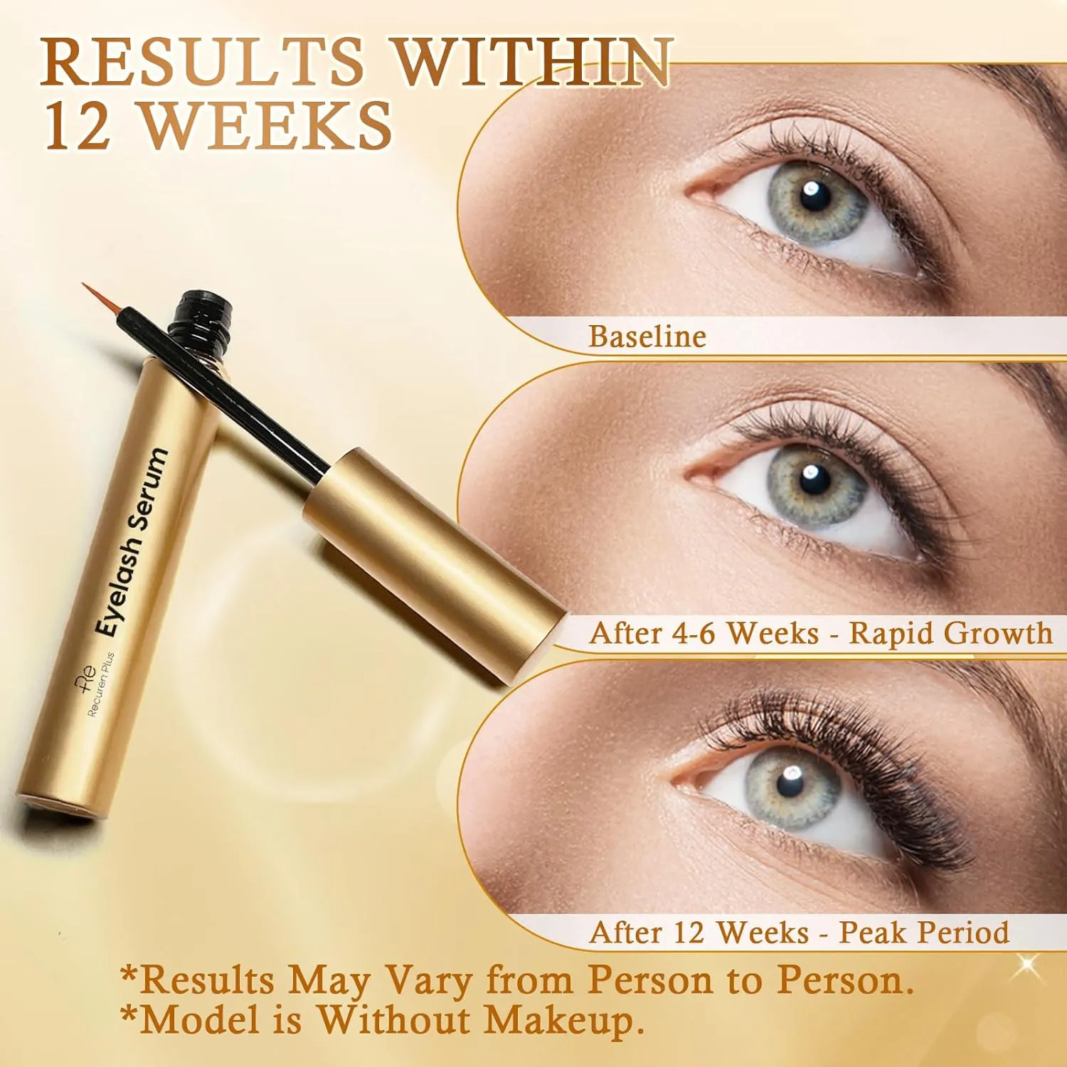 Premium Eyelash Growth Serum: Advanced Vegan Formula for Longer Thicker Lashes (Champagne Gold)