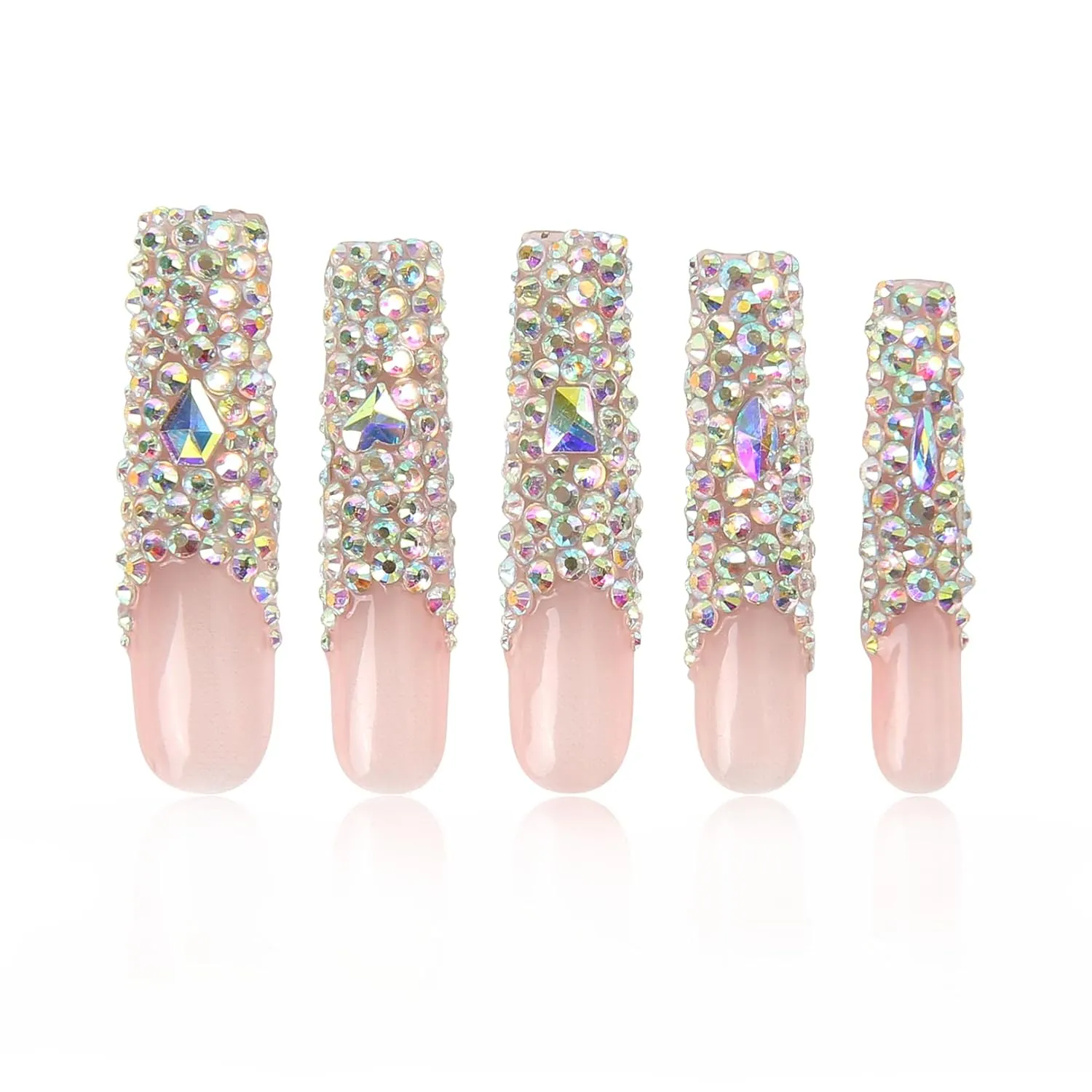 Press on Nails Angel's Tear | Handmade with Full Covered Crystals | Reusable Fake Nails | Square Long 2.2 in | H48-L