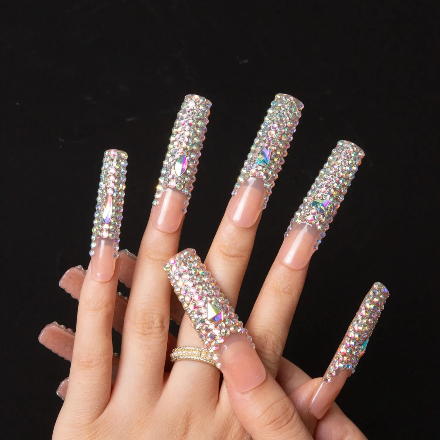 Press on Nails Angel's Tear | Handmade with Full Covered Crystals | Reusable Fake Nails | Square Long 2.2 in | H48-L
