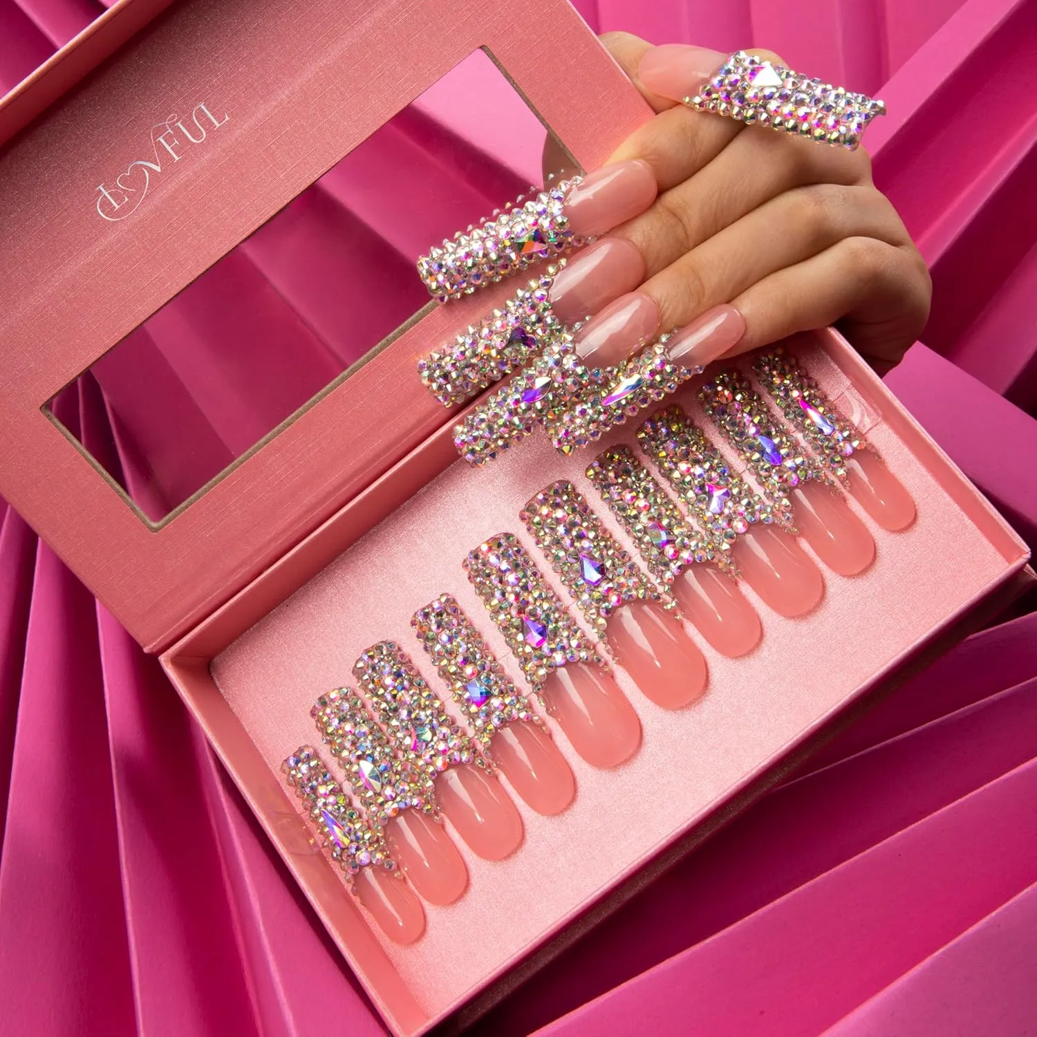 Press on Nails Angel's Tear | Handmade with Full Covered Crystals | Reusable Fake Nails | Square Long 2.2 in | H48-L