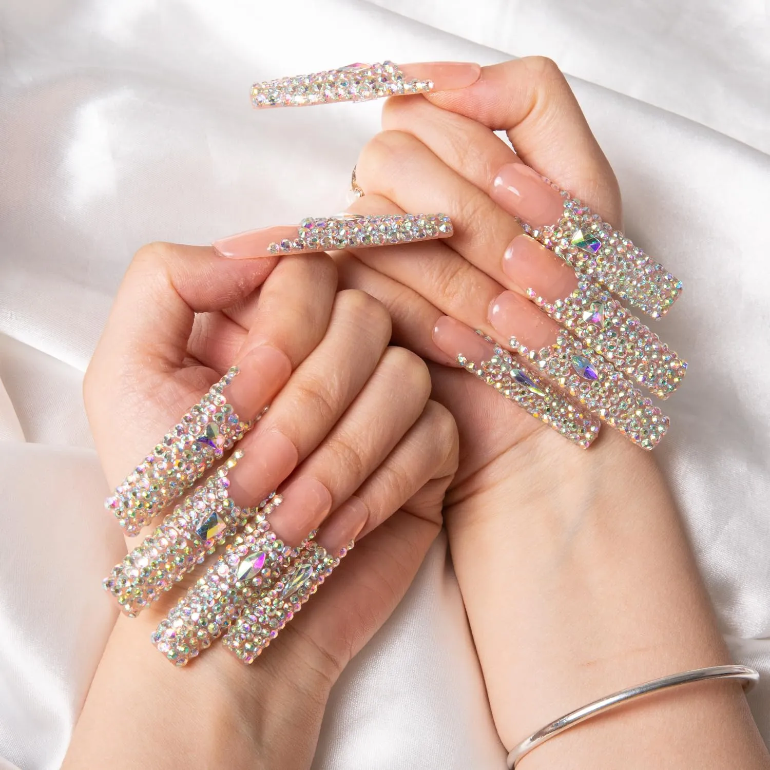 Press on Nails Angel's Tear | Handmade with Full Covered Crystals | Reusable Fake Nails | Square Long 2.2 in | H48-L