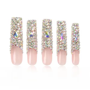 Press on Nails Angel's Tear | Handmade with Full Covered Crystals | Reusable Fake Nails | Square Long 2.2 in | H48-S