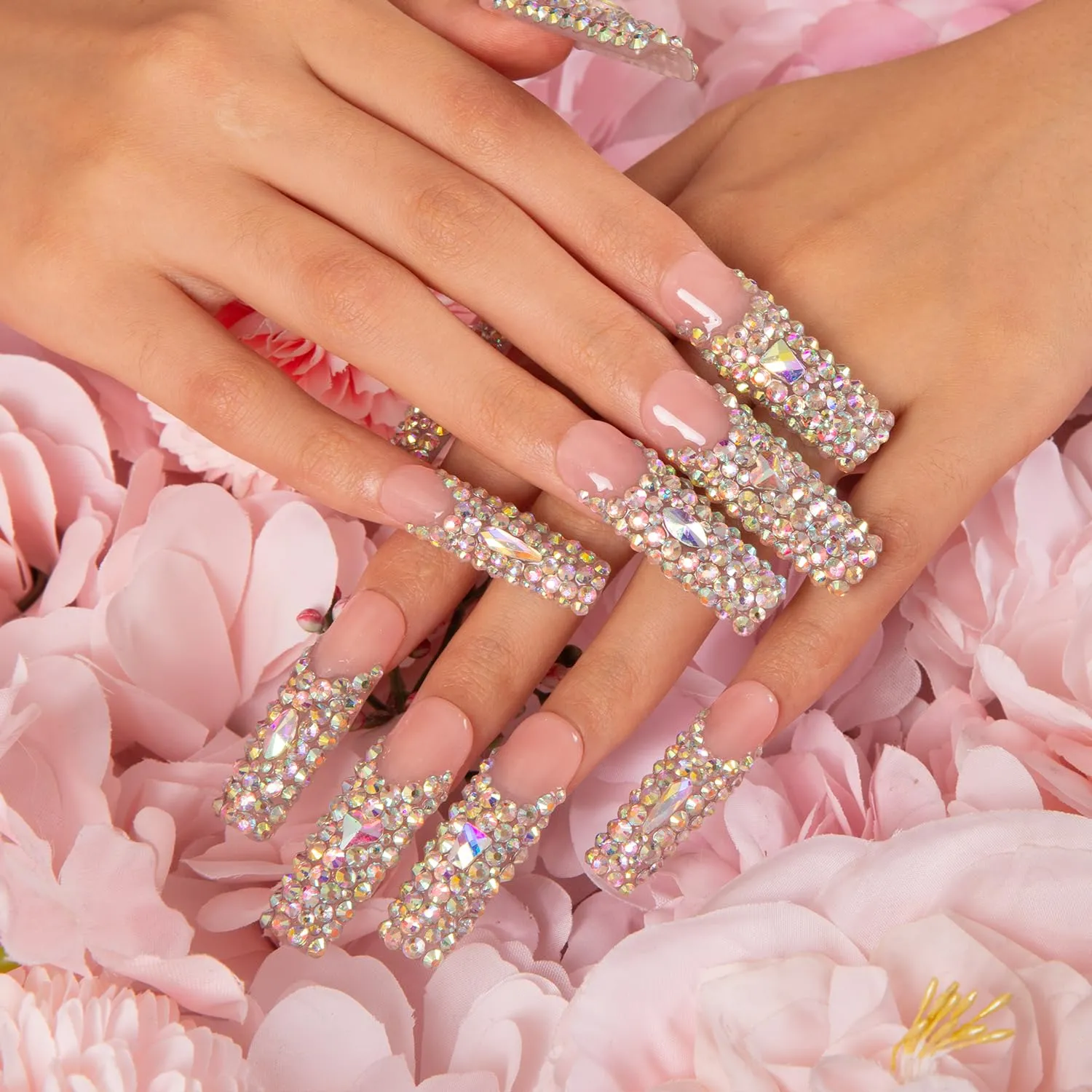 Press on Nails Angel's Tear Rhinestone | Handmade with Full Covered Crystals | Reusable Fake Nails | Square Mid length 1.7in | H48-M