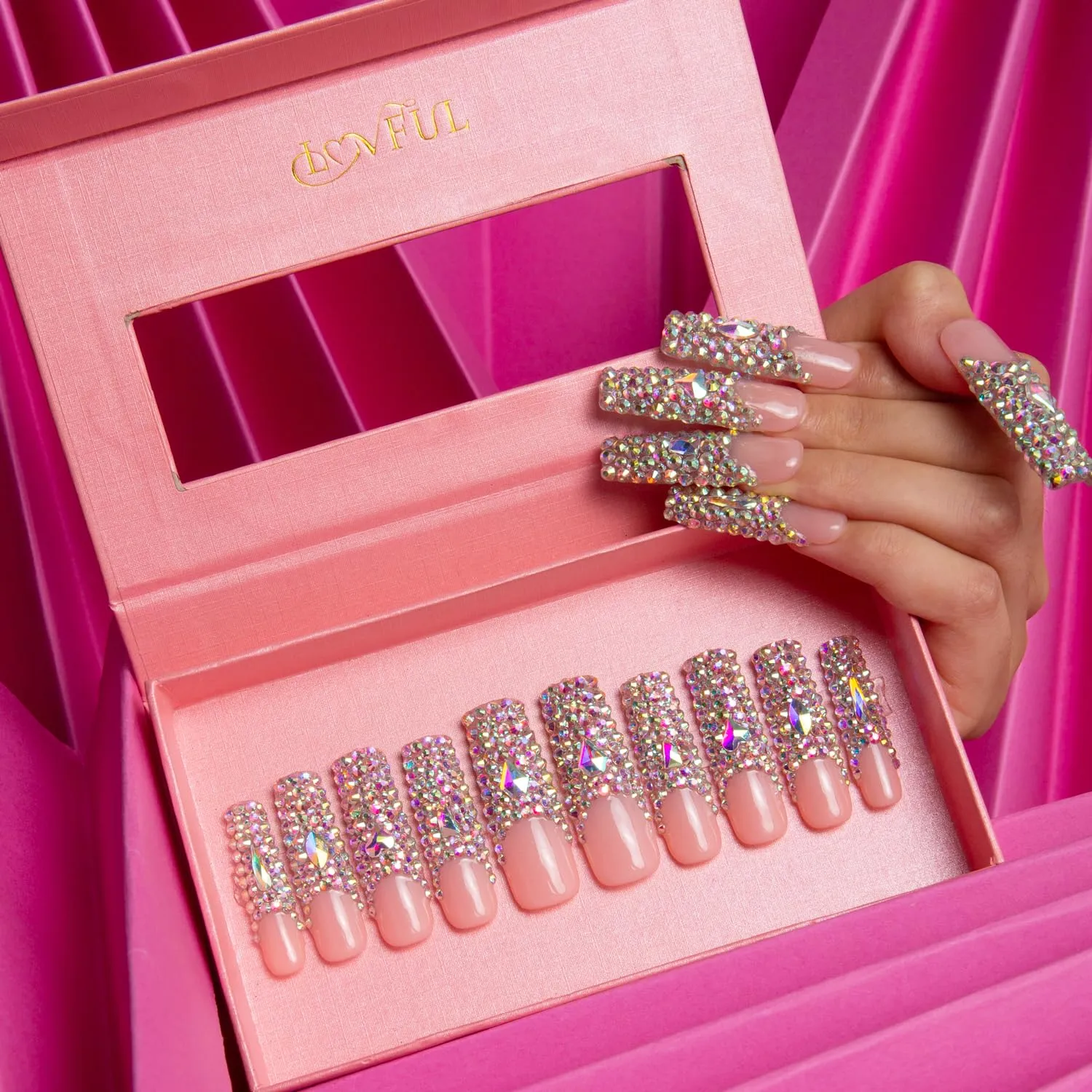 Press on Nails Angel's Tear Rhinestone | Handmade with Full Covered Crystals | Reusable Fake Nails | Square Mid length 1.7in | H48-M