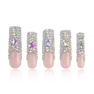 Press on Nails Angel's Tear Rhinestone | Handmade with Full Covered Crystals | Reusable Fake Nails | Square Mid length 1.7in | H48-M