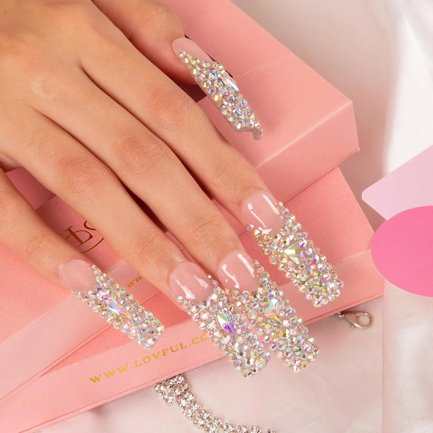 Press on Nails Angel's Tear Rhinestone | Handmade with Full Covered Crystals | Reusable Fake Nails | Square Mid length 1.7in | H48-M