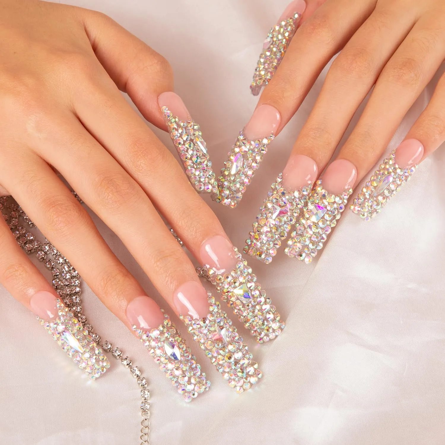 Press on Nails Angel's Tear Rhinestone | Handmade with Full Covered Crystals | Reusable Fake Nails | Square Mid length 1.7in | H48-M
