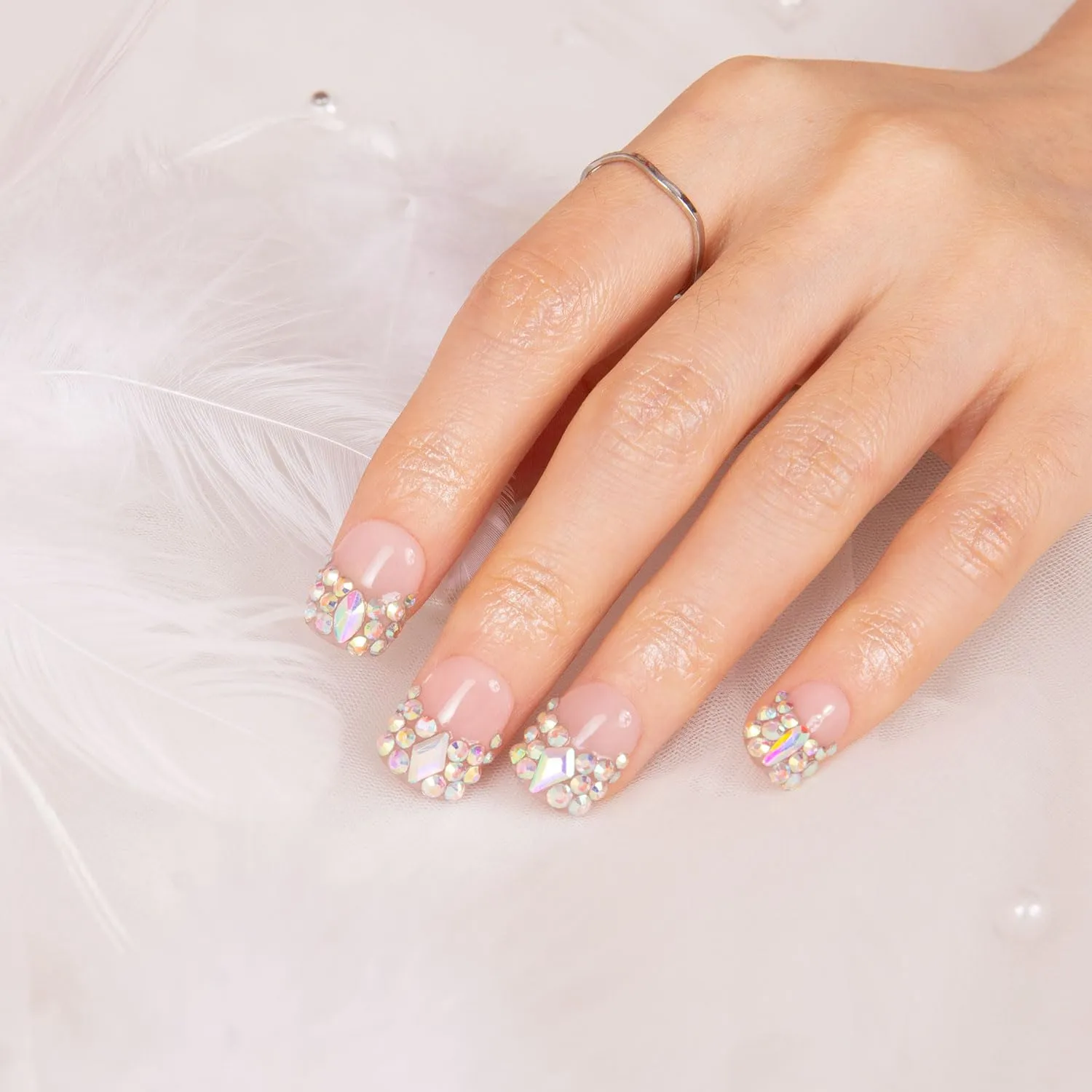 Press on Nails Angel's Tear Rhinestone| Handmade with Full Covered Crystals | Reusable Fake Nails | Square Short 0.8 in | H48-M