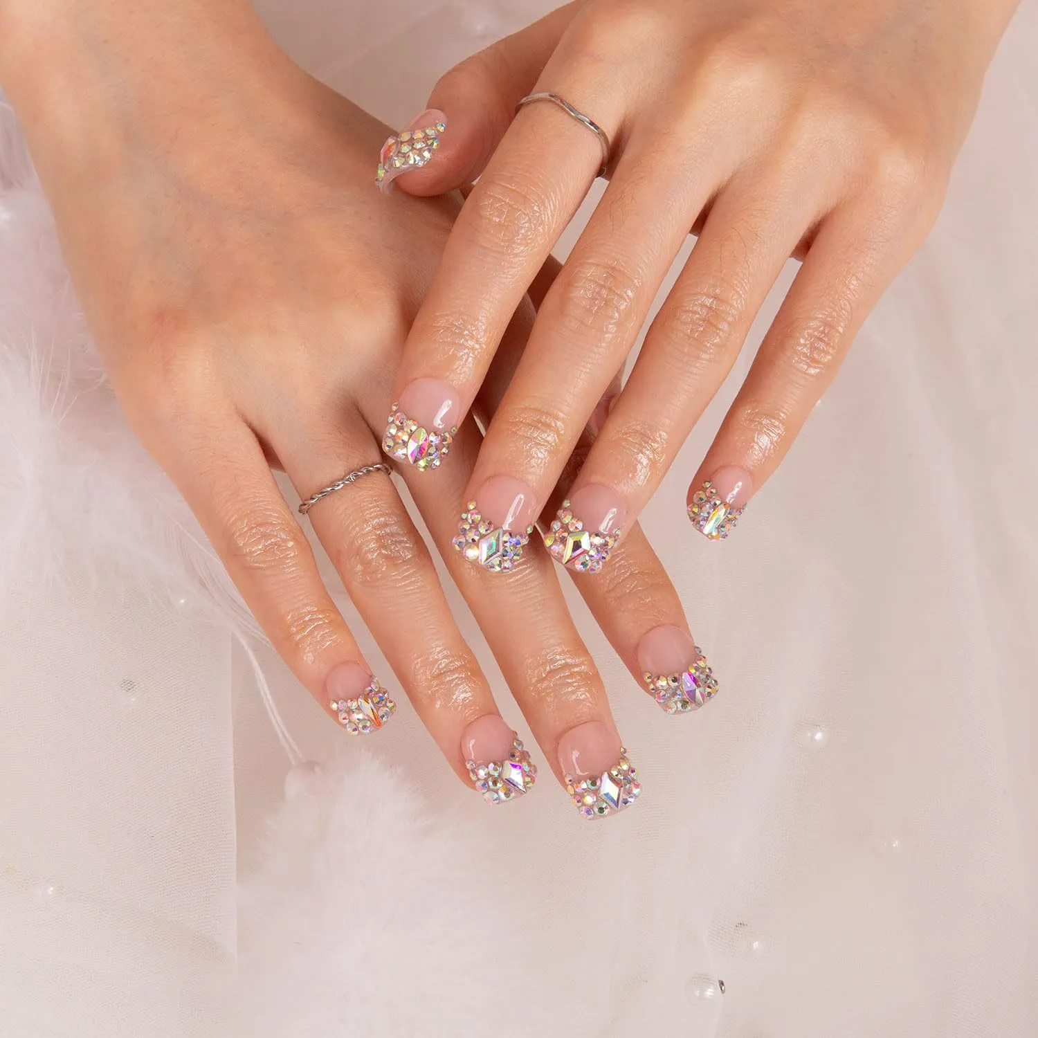 Press on Nails Angel's Tear Rhinestone| Handmade with Full Covered Crystals | Reusable Fake Nails | Square Short 0.8 in | H48-M