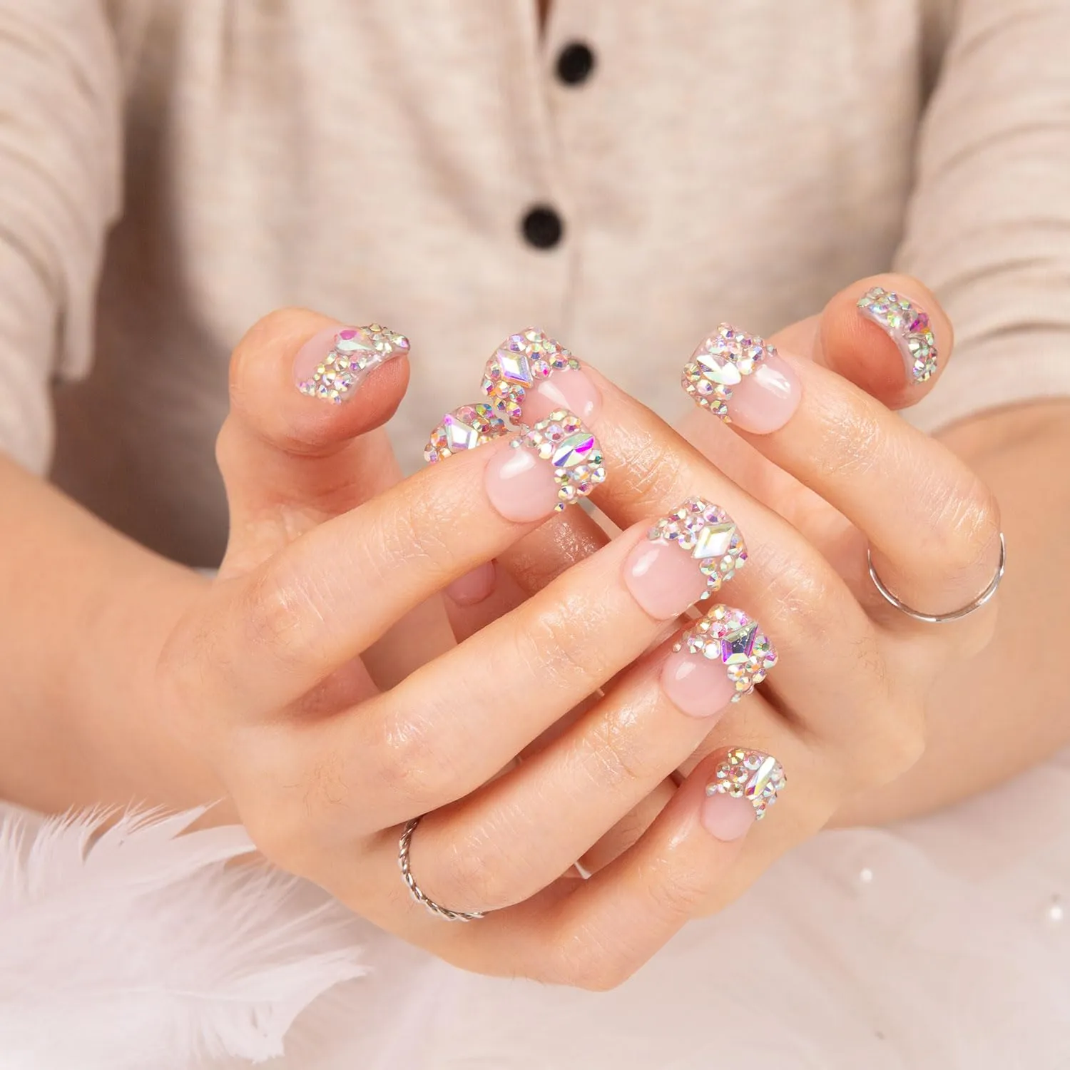 Press on Nails Angel's Tear Rhinestone| Handmade with Full Covered Crystals | Reusable Fake Nails | Square Short 0.8 in | H48-M