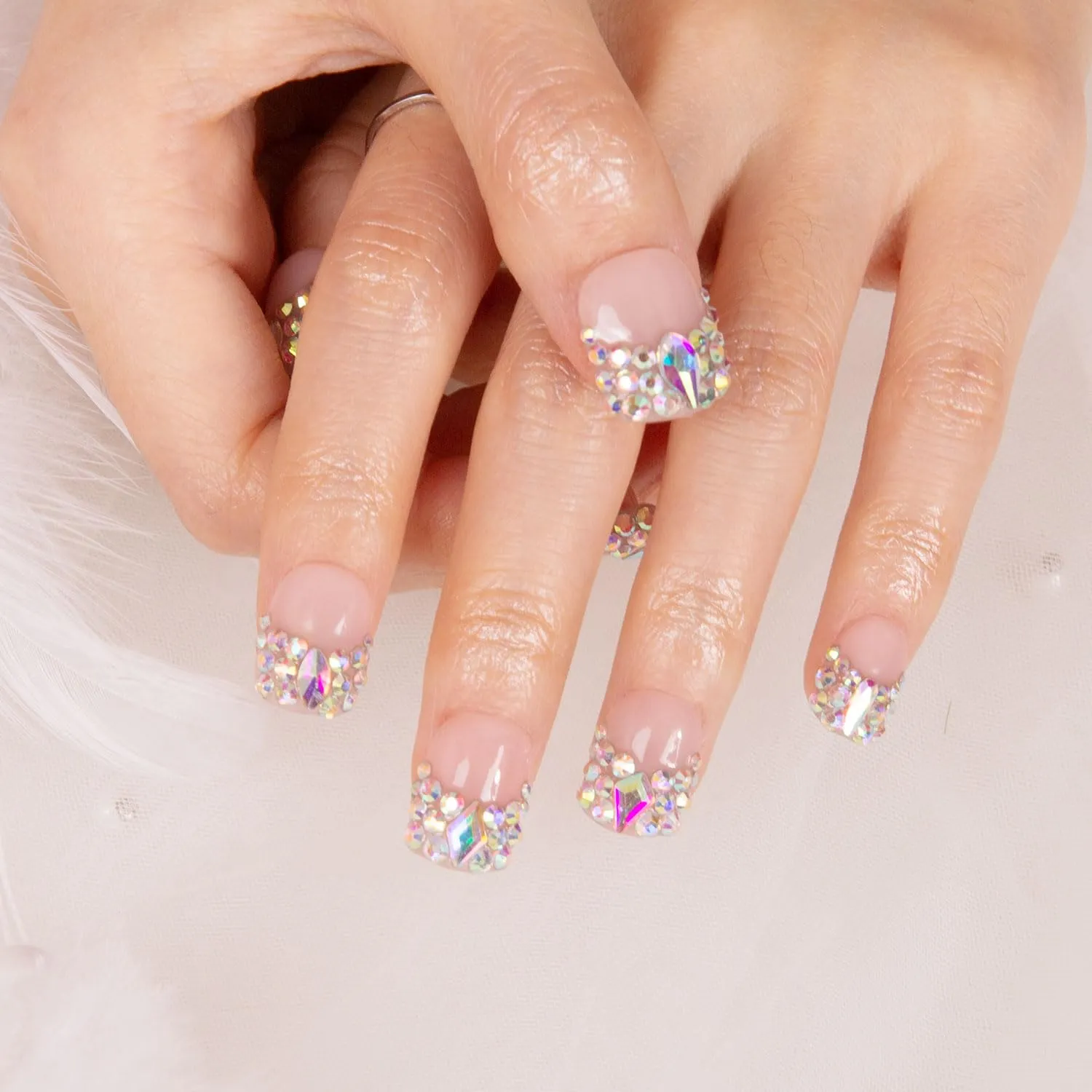 Press on Nails Angel's Tear Rhinestone| Handmade with Full Covered Crystals | Reusable Fake Nails | Square Short 0.8 in | H48-M