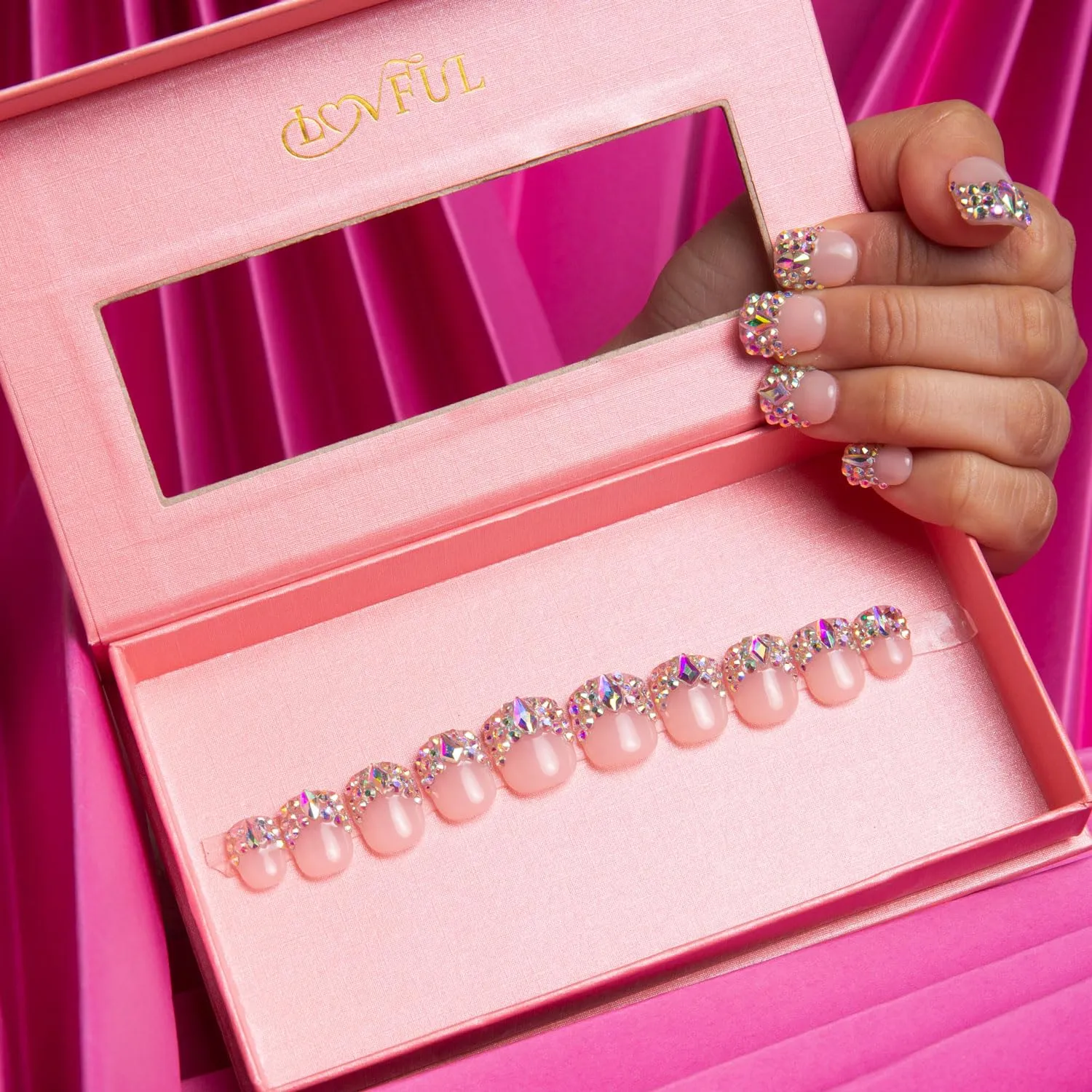 Press on Nails Angel's Tear Rhinestone| Handmade with Full Covered Crystals | Reusable Fake Nails | Square Short 0.8 in | H48-M