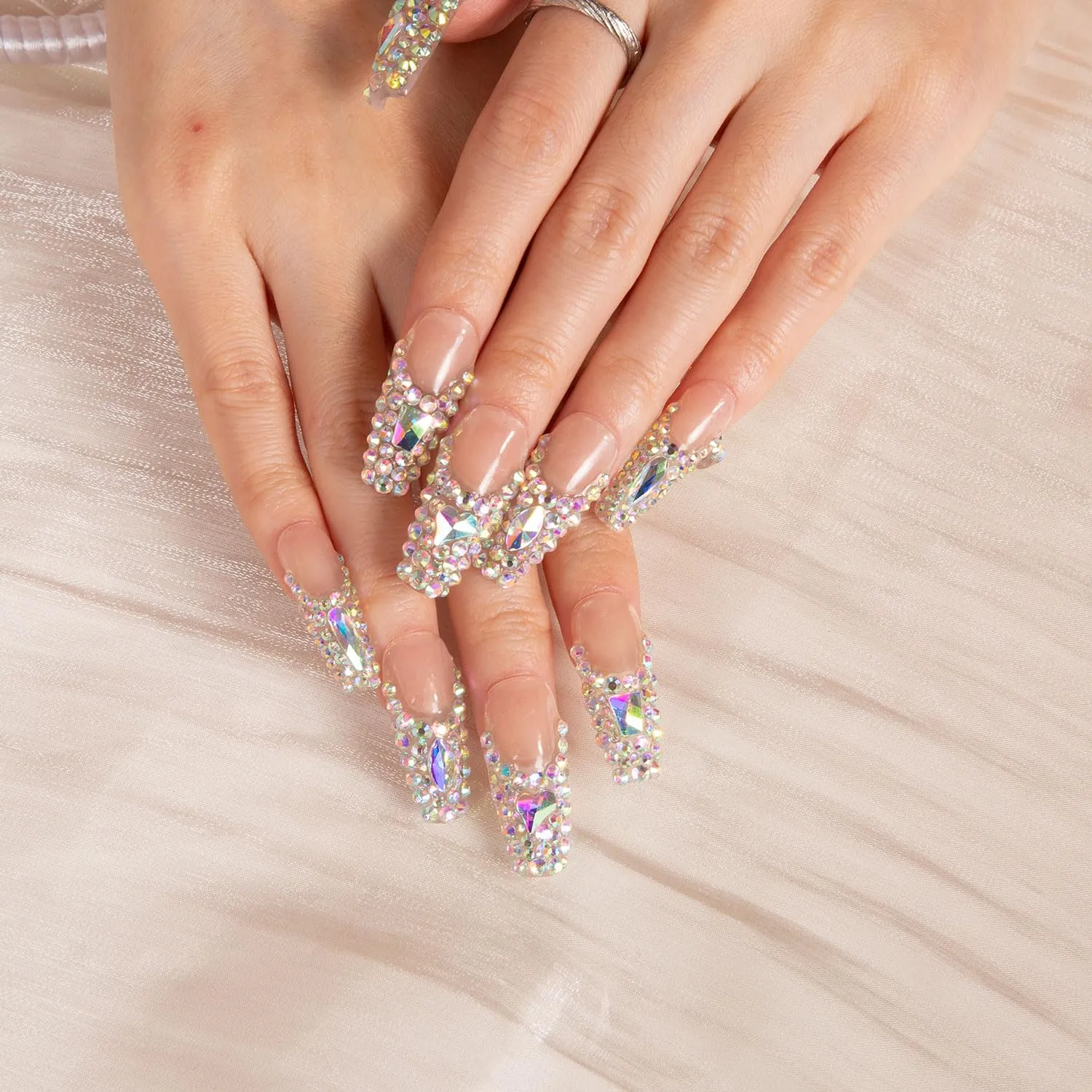Press on Nails Angel's Tear Rhinestone | Handmade with Full Covered Crystals | Reusable Full Cover Nails | Coffin Classic Regular 1.3 in | H48-L