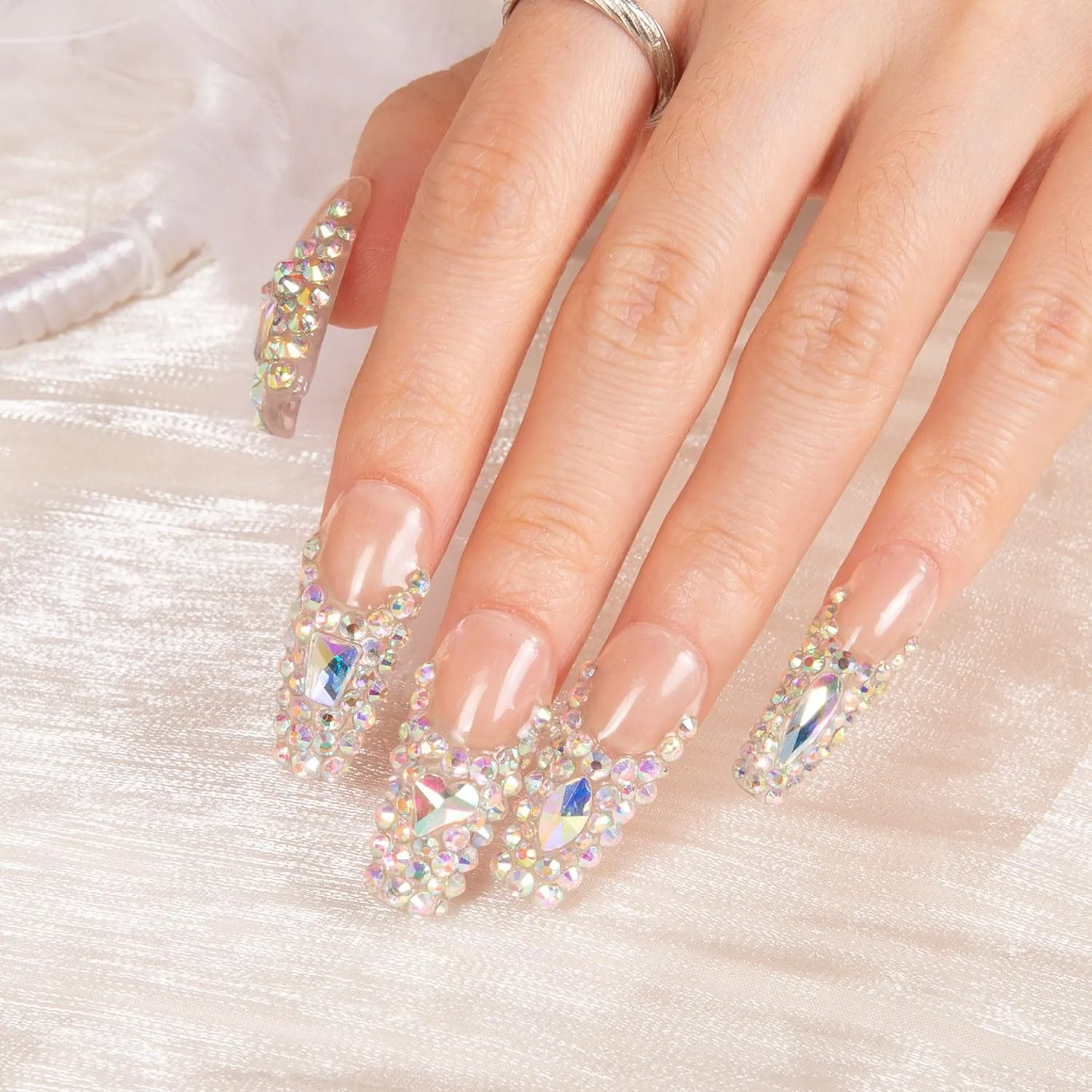 Press on Nails Angel's Tear Rhinestone | Handmade with Full Covered Crystals | Reusable Full Cover Nails | Coffin Classic Regular 1.3 in | H48-L